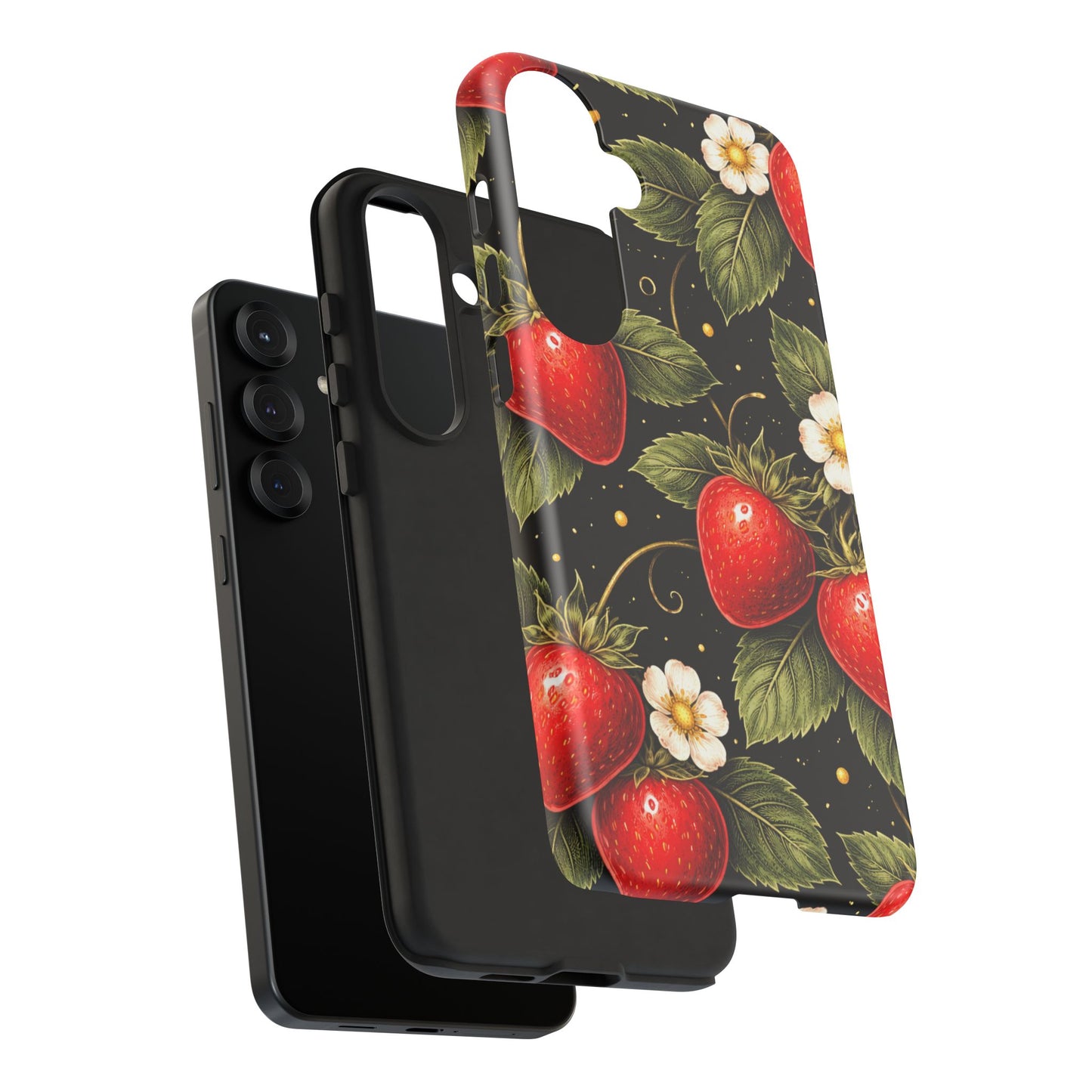 Strawberry Pattern Tough Phone Case — Vintage Red Berry Floral Protective Cover