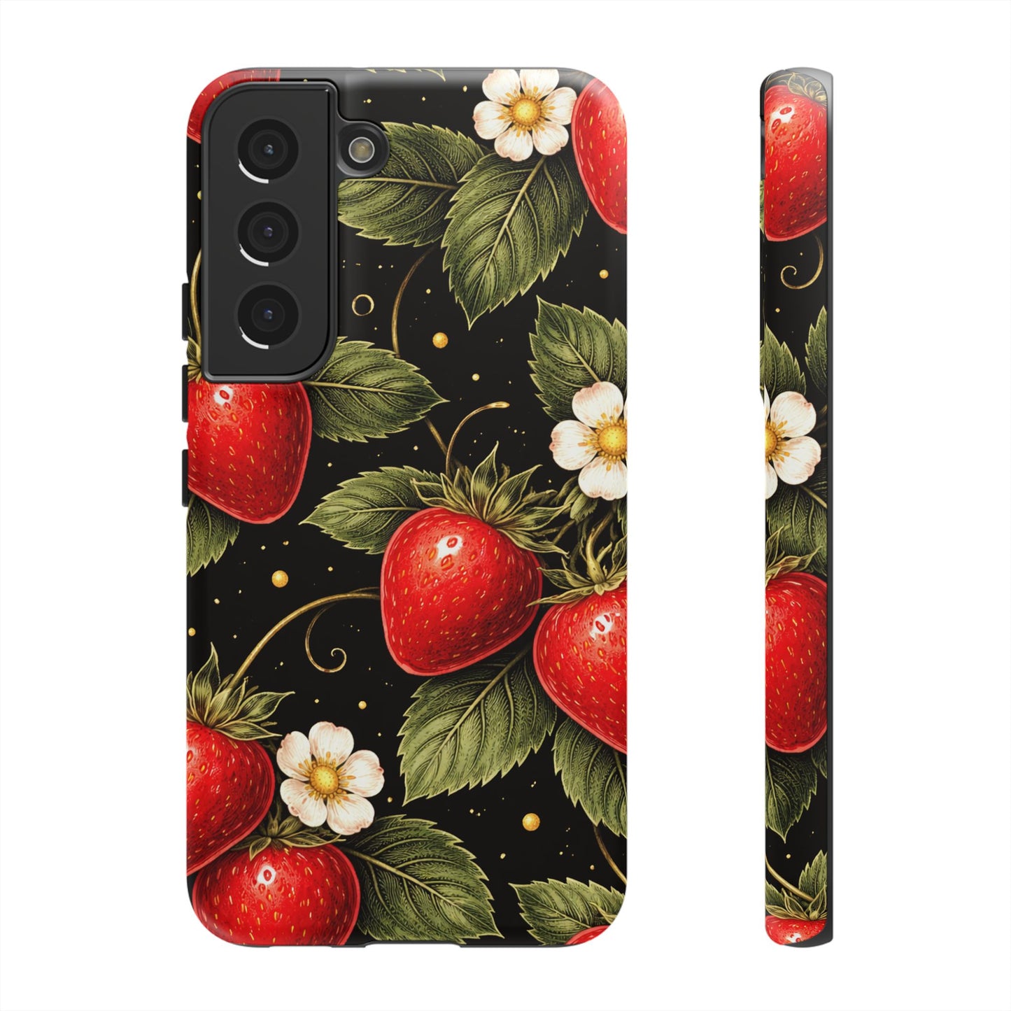 Strawberry Pattern Tough Phone Case — Vintage Red Berry Floral Protective Cover