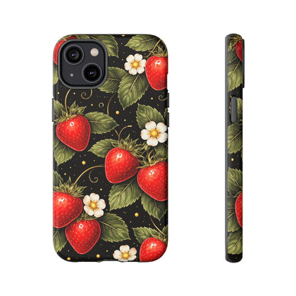 Vintage Strawberry Pattern Tough Iphone Pro Max Case phone case | Black Floral Retro Fruit iPhone 12 13 14 15 16 17 Pro Max Tough Case