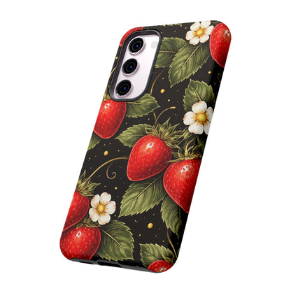 Strawberry Pattern Tough Phone Case — Vintage Red Berry Floral Protective Cover