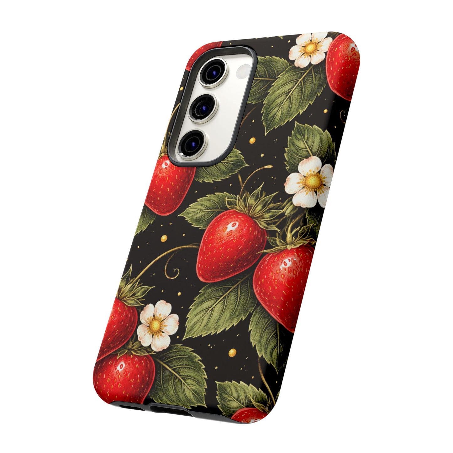 Strawberry Pattern Tough Phone Case — Vintage Red Berry Floral Protective Cover