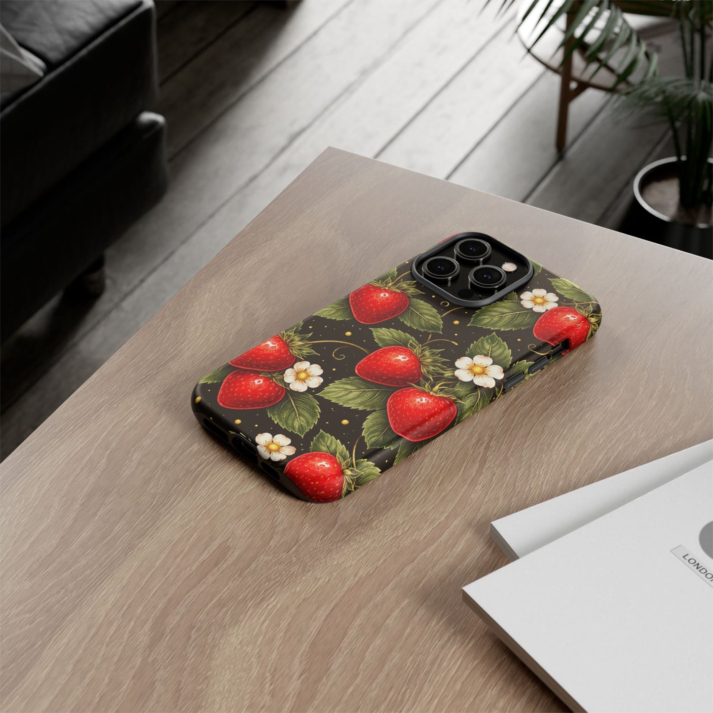 Vintage Strawberry Pattern Tough Iphone Pro Max Case phone case | Black Floral Retro Fruit iPhone 12 13 14 15 16 17 Pro Max Tough Case