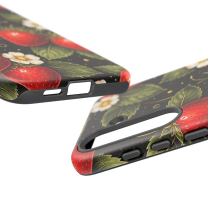 Strawberry Pattern Tough Phone Case — Vintage Red Berry Floral Protective Cover