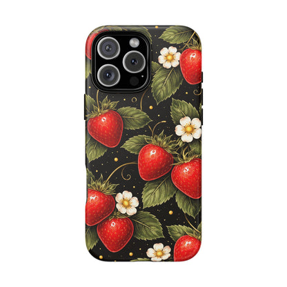 Vintage Strawberry Pattern Tough Iphone Pro Max Case phone case | Black Floral Retro Fruit iPhone 12 13 14 15 16 17 Pro Max Tough Case