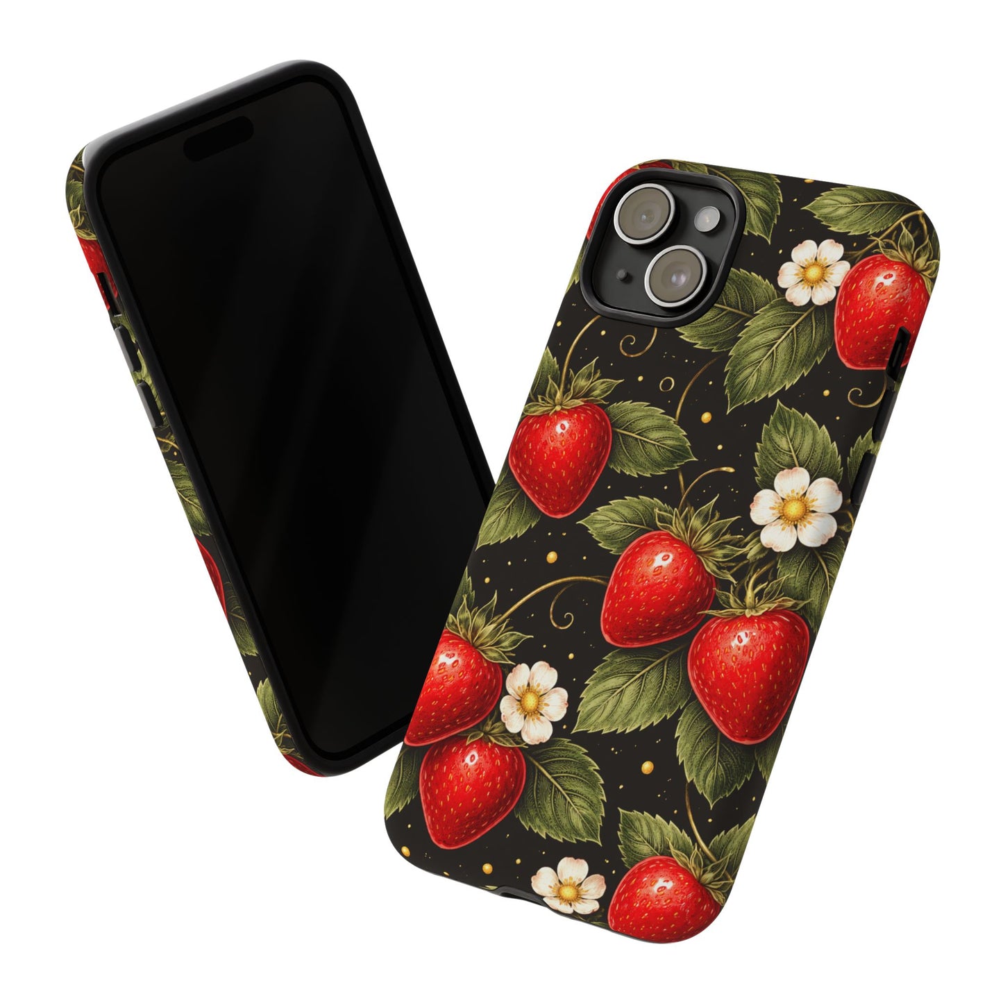 Vintage Strawberry Pattern Tough Iphone Pro Max Case phone case | Black Floral Retro Fruit iPhone 12 13 14 15 16 17 Pro Max Tough Case