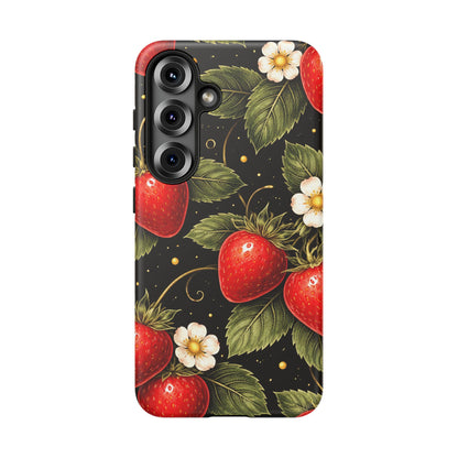 Strawberry Pattern Tough Phone Case — Vintage Red Berry Floral Protective Cover