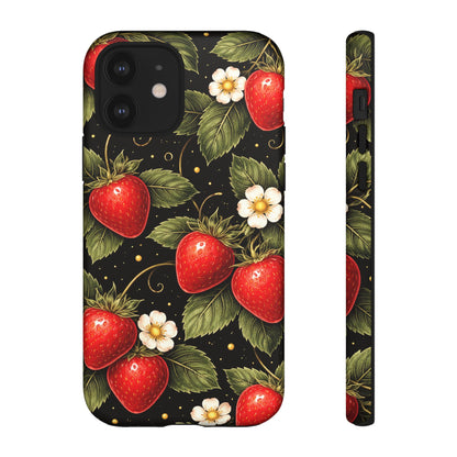 Vintage Strawberry Pattern Tough Iphone Pro Max Case phone case | Black Floral Retro Fruit iPhone 12 13 14 15 16 17 Pro Max Tough Case