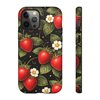 Vintage Strawberry Pattern Tough Iphone Pro Max Case phone case | Black Floral Retro Fruit iPhone 12 13 14 15 16 17 Pro Max Tough Case