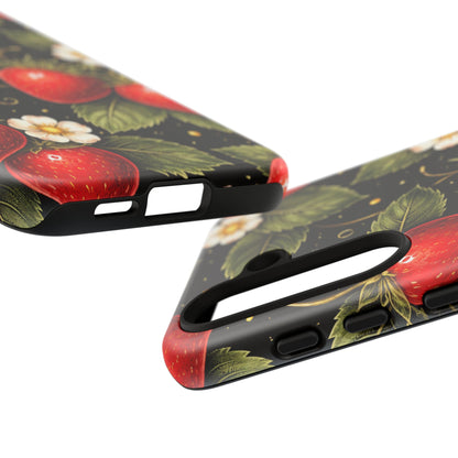 Strawberry Pattern Tough Phone Case — Vintage Red Berry Floral Protective Cover