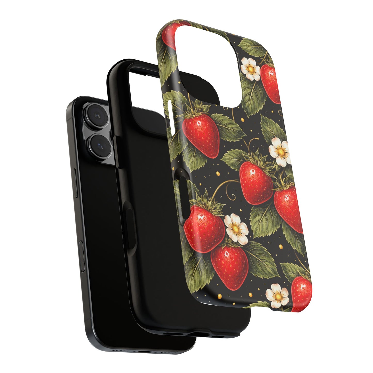 Vintage Strawberry Pattern Tough Iphone Pro Max Case phone case | Black Floral Retro Fruit iPhone 12 13 14 15 16 17 Pro Max Tough Case