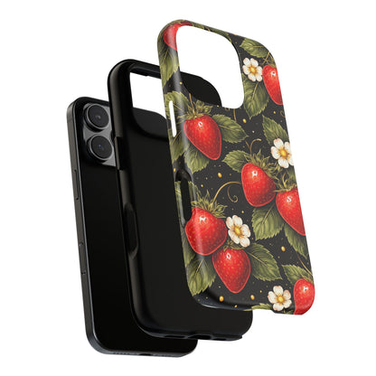 Vintage Strawberry Pattern Tough Iphone Pro Max Case phone case | Black Floral Retro Fruit iPhone 12 13 14 15 16 17 Pro Max Tough Case