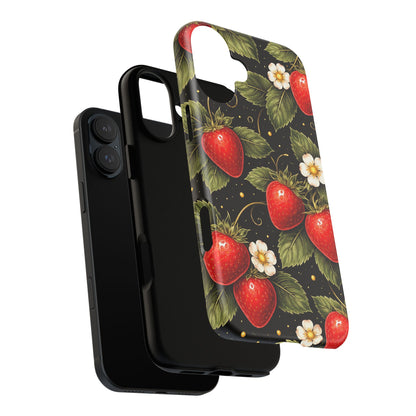 Vintage Strawberry Pattern Tough Iphone Pro Max Case phone case | Black Floral Retro Fruit iPhone 12 13 14 15 16 17 Pro Max Tough Case