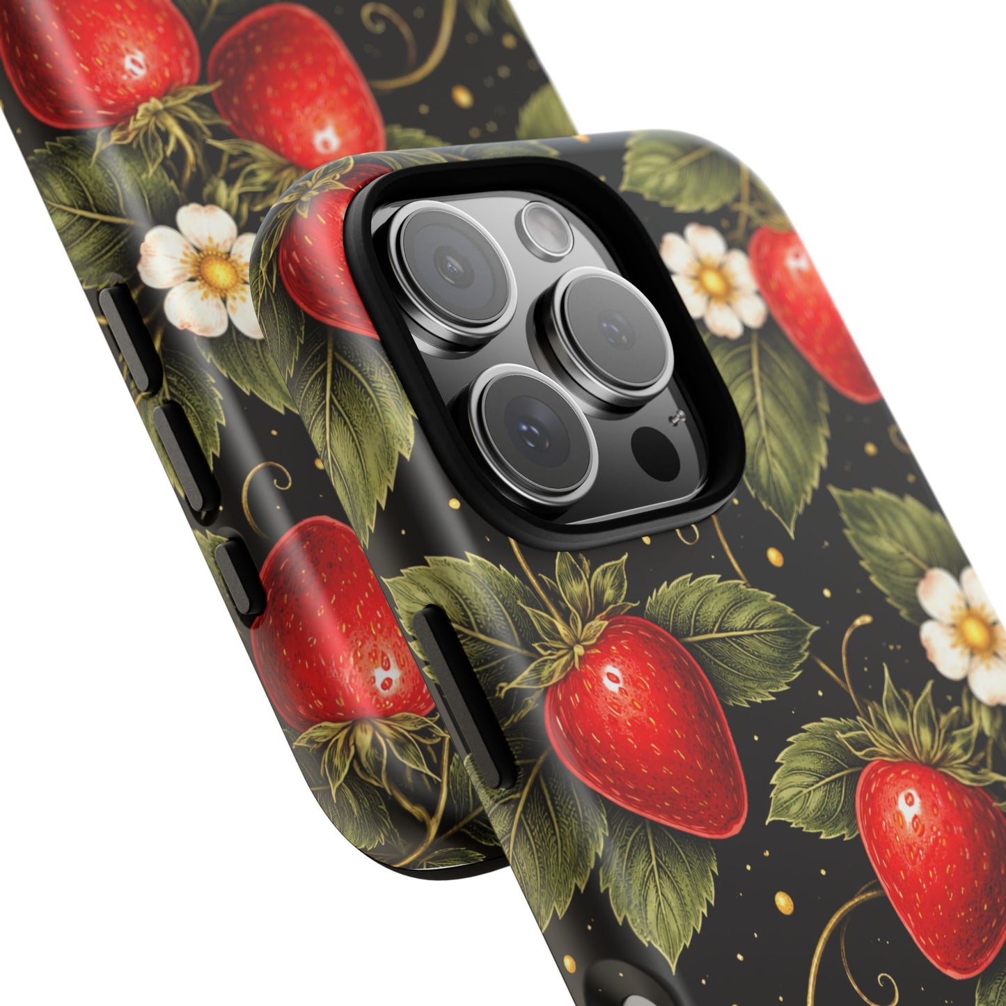 Vintage Strawberry Pattern Tough Iphone Pro Max Case phone case | Black Floral Retro Fruit iPhone 12 13 14 15 16 17 Pro Max Tough Case