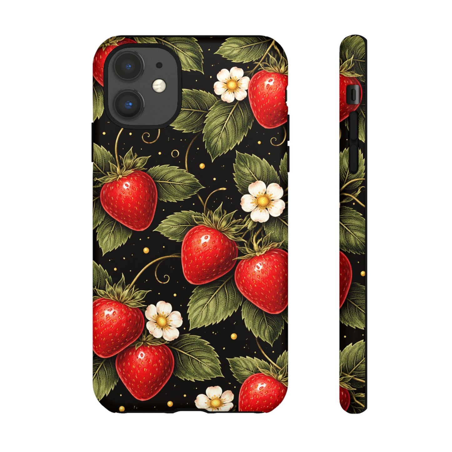 Vintage Strawberry Pattern Tough Iphone Pro Max Case phone case | Black Floral Retro Fruit iPhone 12 13 14 15 16 17 Pro Max Tough Case