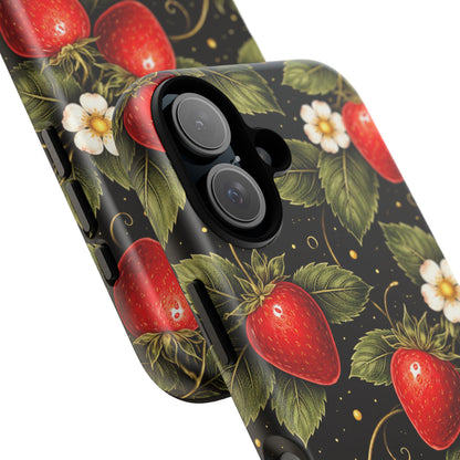 Vintage Strawberry Pattern Tough Iphone Pro Max Case phone case | Black Floral Retro Fruit iPhone 12 13 14 15 16 17 Pro Max Tough Case