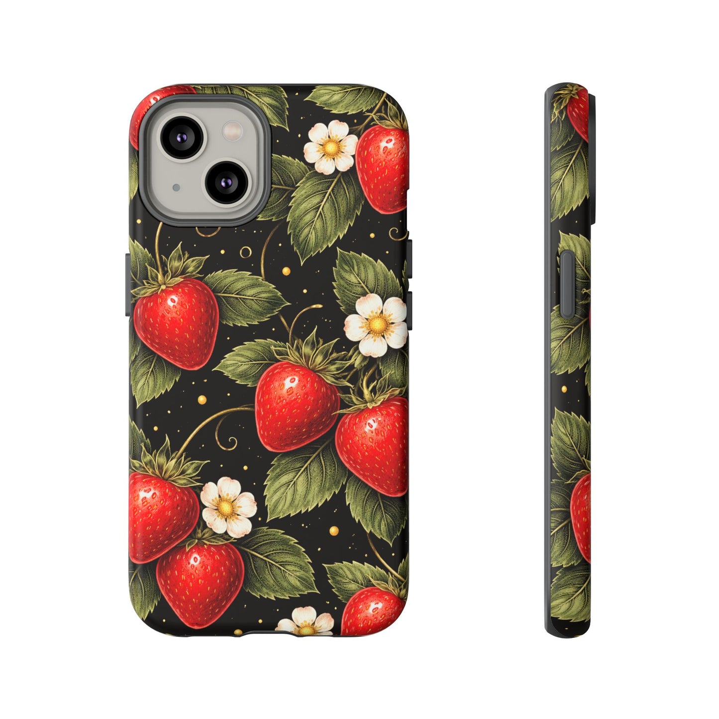 Vintage Strawberry Pattern Tough Iphone Pro Max Case phone case | Black Floral Retro Fruit iPhone 12 13 14 15 16 17 Pro Max Tough Case