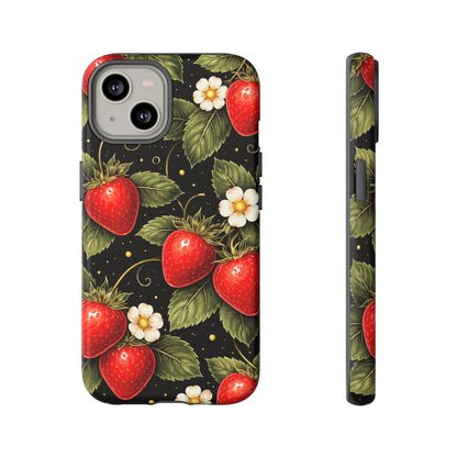 Vintage Strawberry Pattern Tough Iphone Pro Max Case phone case | Black Floral Retro Fruit iPhone 12 13 14 15 16 17 Pro Max Tough Case