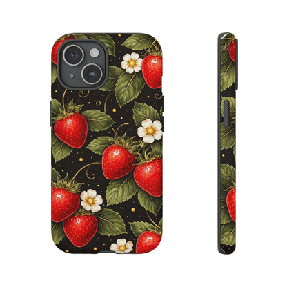 Vintage Strawberry Pattern Tough Iphone Pro Max Case phone case | Black Floral Retro Fruit iPhone 12 13 14 15 16 17 Pro Max Tough Case