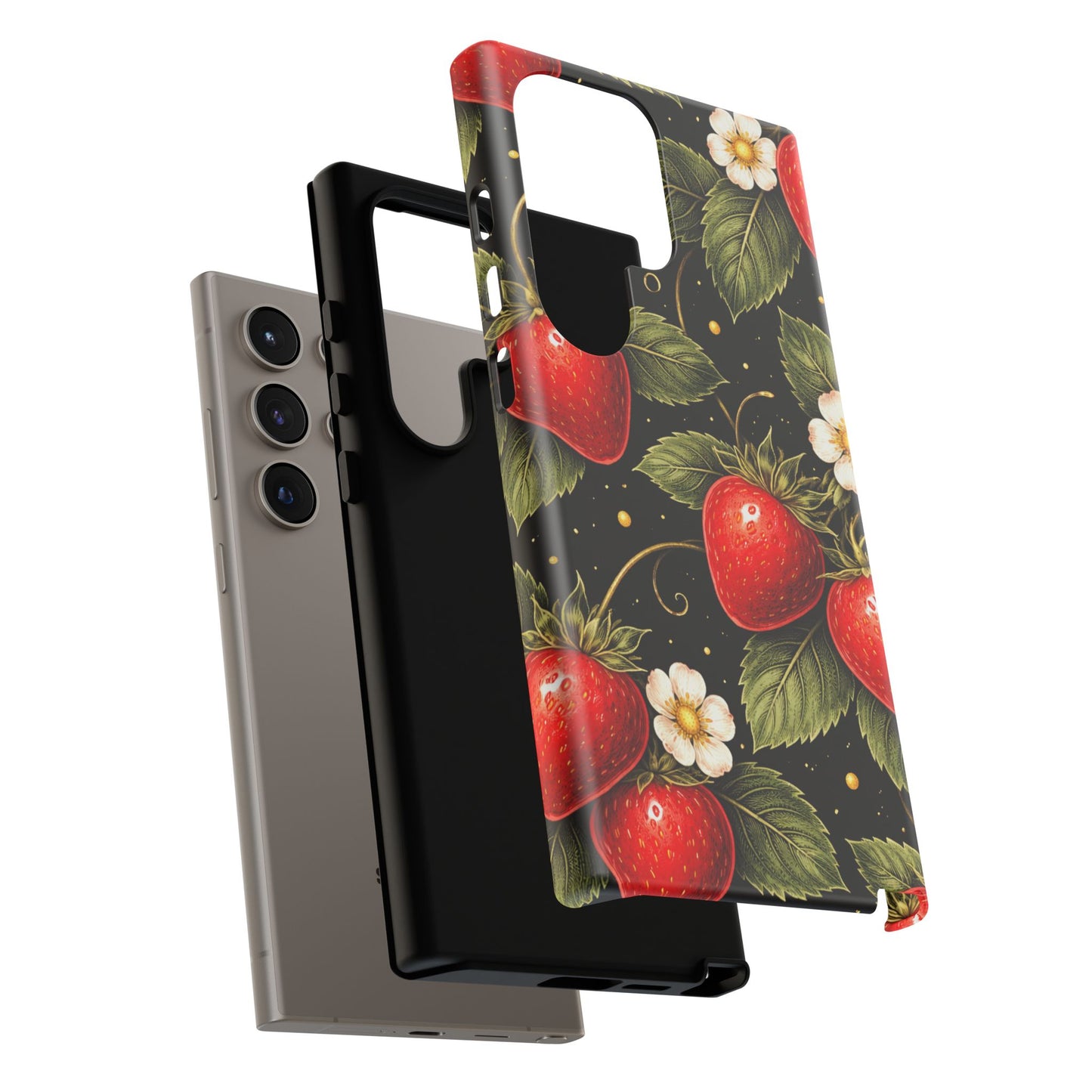 Strawberry Pattern Tough Phone Case — Vintage Red Berry Floral Protective Cover