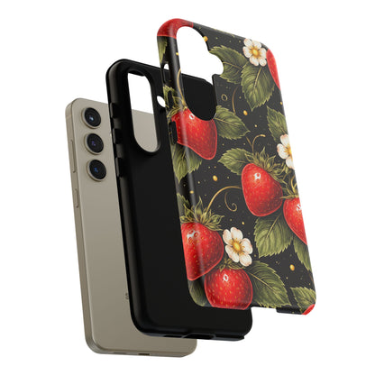 Strawberry Pattern Tough Phone Case — Vintage Red Berry Floral Protective Cover
