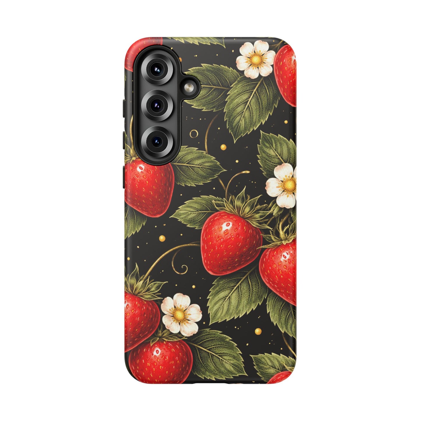 Strawberry Pattern Tough Phone Case — Vintage Red Berry Floral Protective Cover