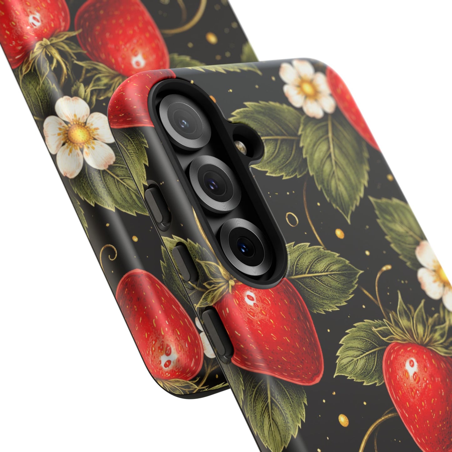 Strawberry Pattern Tough Phone Case — Vintage Red Berry Floral Protective Cover