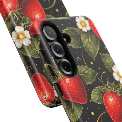 Strawberry Pattern Tough Phone Case — Vintage Red Berry Floral Protective Cover