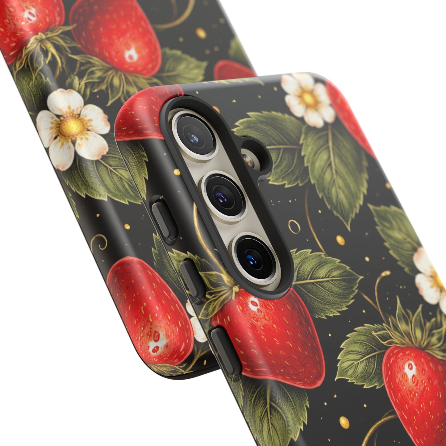 Strawberry Pattern Tough Phone Case — Vintage Red Berry Floral Protective Cover