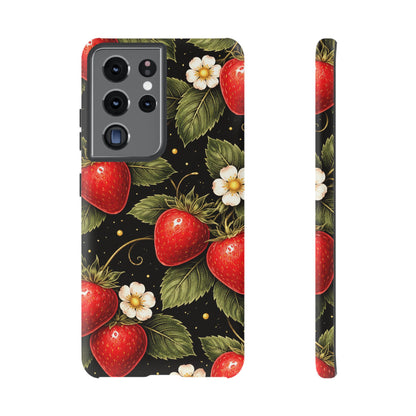 Strawberry Pattern Tough Phone Case — Vintage Red Berry Floral Protective Cover