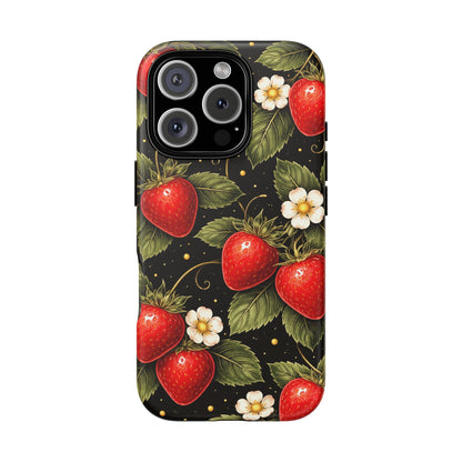 Vintage Strawberry Pattern Tough Iphone Pro Max Case phone case | Black Floral Retro Fruit iPhone 12 13 14 15 16 17 Pro Max Tough Case