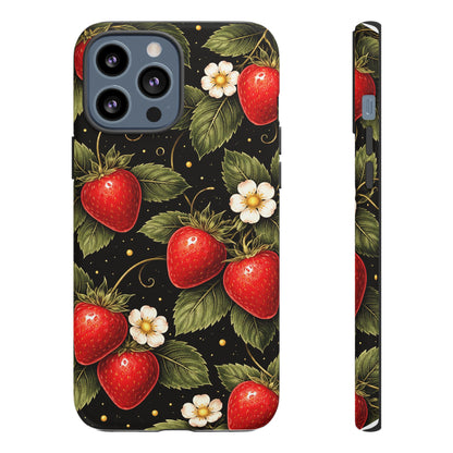 Vintage Strawberry Pattern Tough Iphone Pro Max Case phone case | Black Floral Retro Fruit iPhone 12 13 14 15 16 17 Pro Max Tough Case