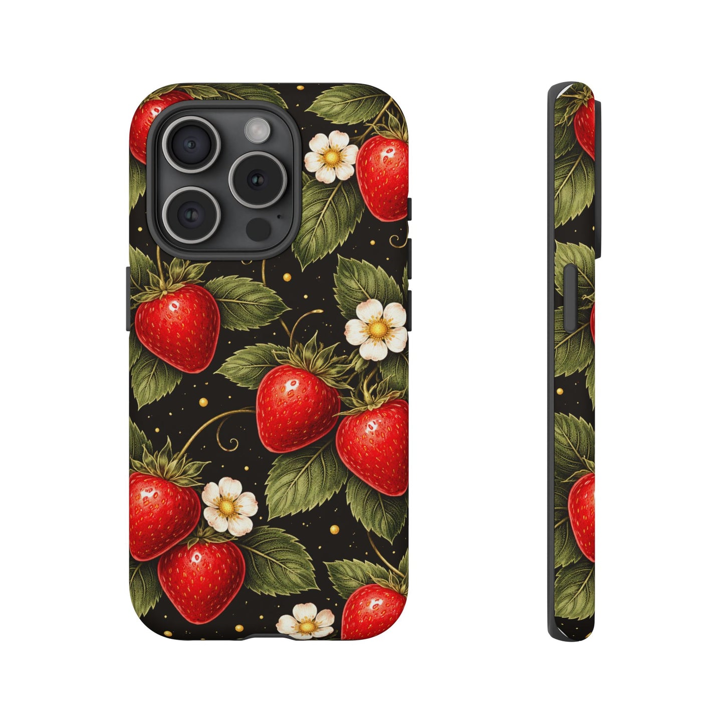 Vintage Strawberry Pattern Tough Iphone Pro Max Case phone case | Black Floral Retro Fruit iPhone 12 13 14 15 16 17 Pro Max Tough Case