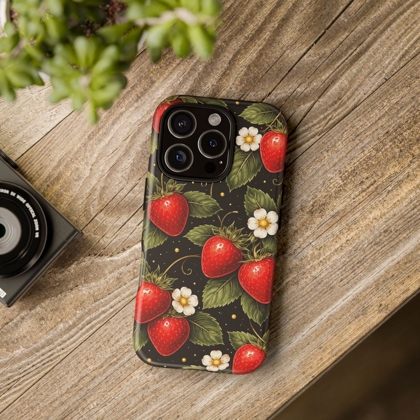 Vintage Strawberry Pattern Tough Iphone Pro Max Case phone case | Black Floral Retro Fruit iPhone 12 13 14 15 16 17 Pro Max Tough Case