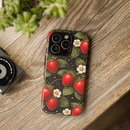 Vintage Strawberry Pattern Tough Iphone Pro Max Case phone case | Black Floral Retro Fruit iPhone 12 13 14 15 16 17 Pro Max Tough Case