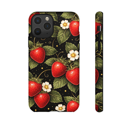 Vintage Strawberry Pattern Tough Iphone Pro Max Case phone case | Black Floral Retro Fruit iPhone 12 13 14 15 16 17 Pro Max Tough Case