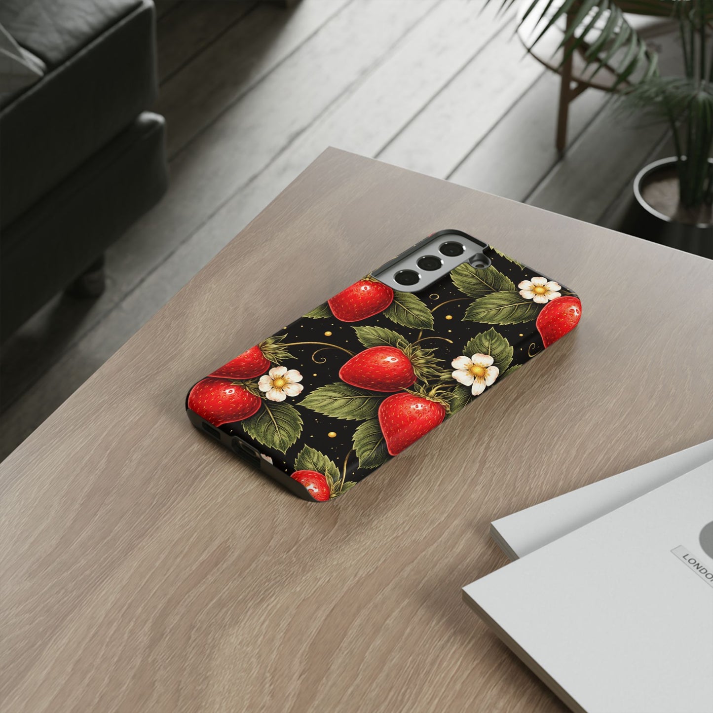 Strawberry Pattern Tough Phone Case — Vintage Red Berry Floral Protective Cover