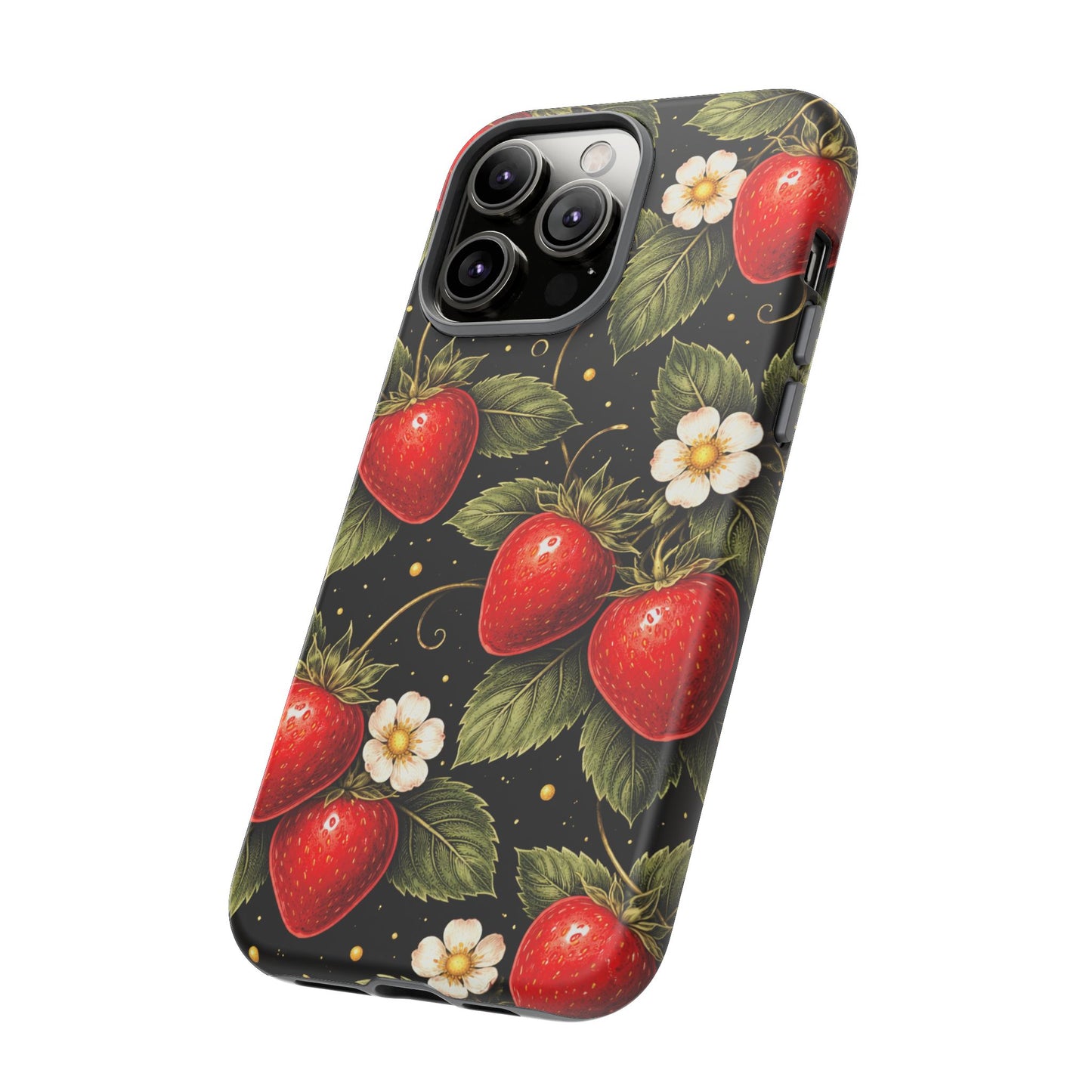 Vintage Strawberry Pattern Tough Iphone Pro Max Case phone case | Black Floral Retro Fruit iPhone 12 13 14 15 16 17 Pro Max Tough Case