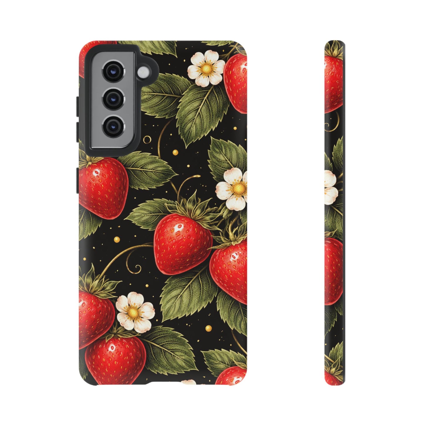 Strawberry Pattern Tough Phone Case — Vintage Red Berry Floral Protective Cover
