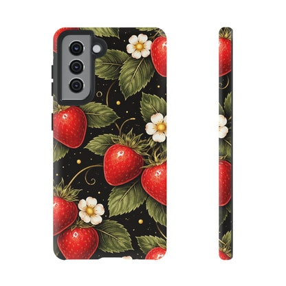Strawberry Pattern Tough Phone Case — Vintage Red Berry Floral Protective Cover