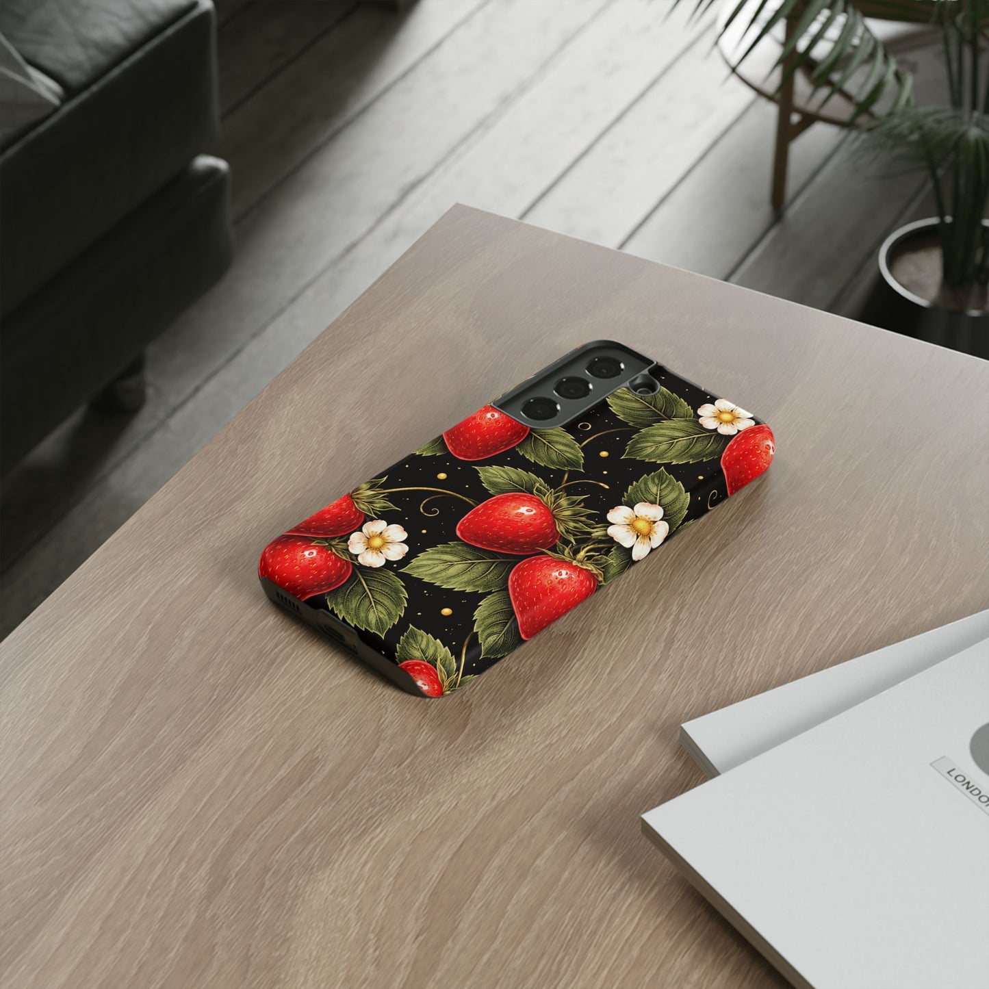 Strawberry Pattern Tough Phone Case — Vintage Red Berry Floral Protective Cover