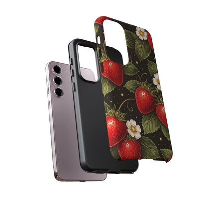 Strawberry Pattern Tough Phone Case — Vintage Red Berry Floral Protective Cover