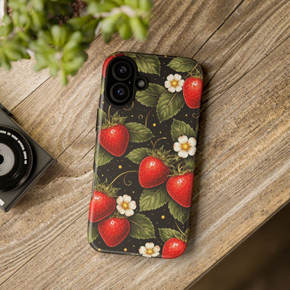 Vintage Strawberry Pattern Tough Iphone Pro Max Case phone case | Black Floral Retro Fruit iPhone 12 13 14 15 16 17 Pro Max Tough Case