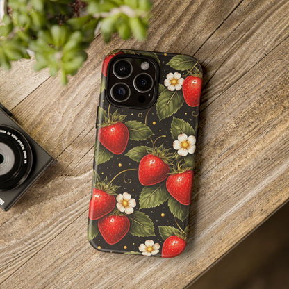 Vintage Strawberry Pattern Tough Iphone Pro Max Case phone case | Black Floral Retro Fruit iPhone 12 13 14 15 16 17 Pro Max Tough Case