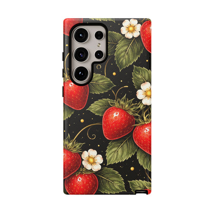 Strawberry Pattern Tough Phone Case — Vintage Red Berry Floral Protective Cover