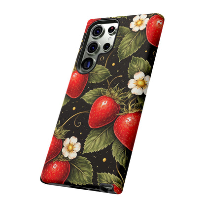 Strawberry Pattern Tough Phone Case — Vintage Red Berry Floral Protective Cover