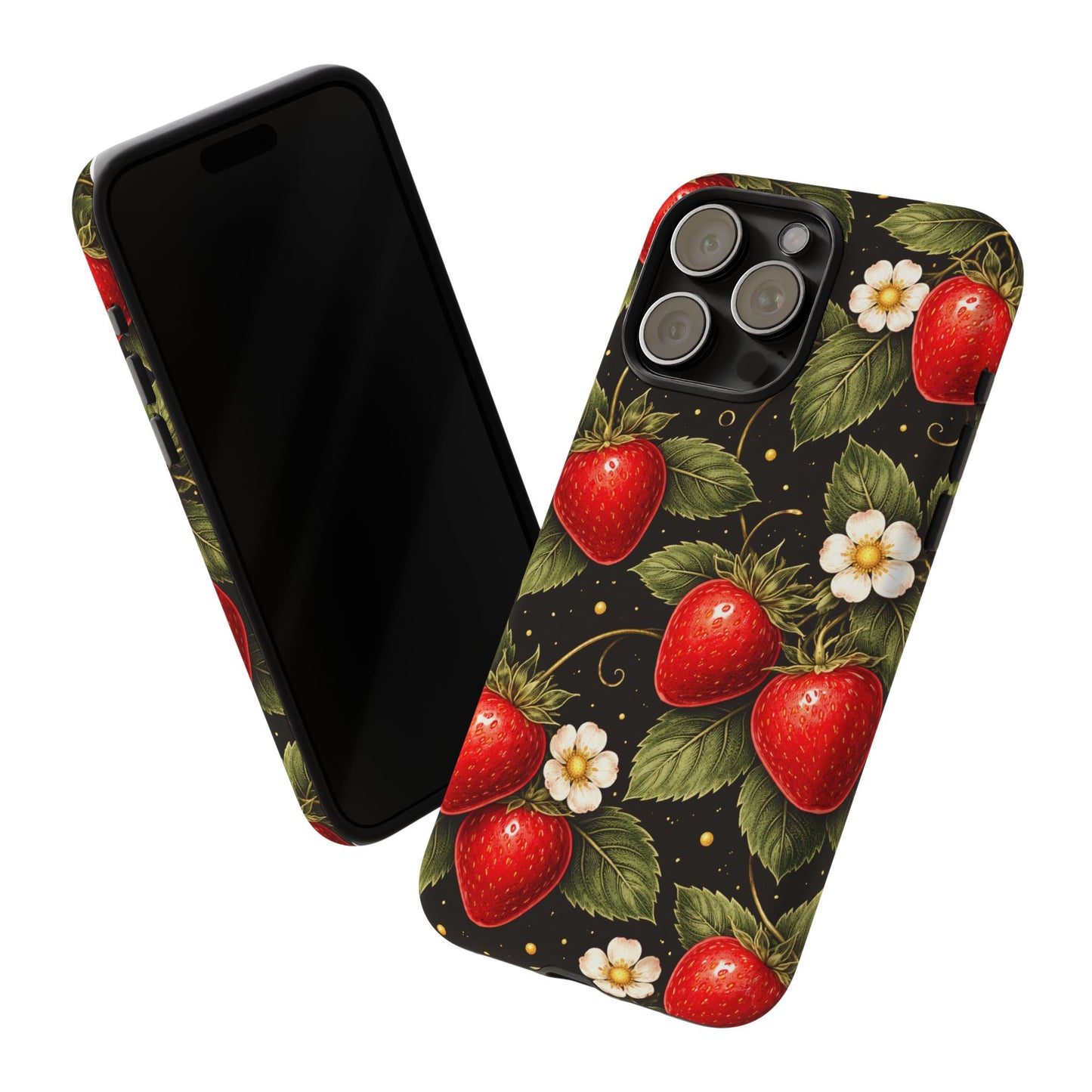 Vintage Strawberry Pattern Tough Iphone Pro Max Case phone case | Black Floral Retro Fruit iPhone 12 13 14 15 16 17 Pro Max Tough Case