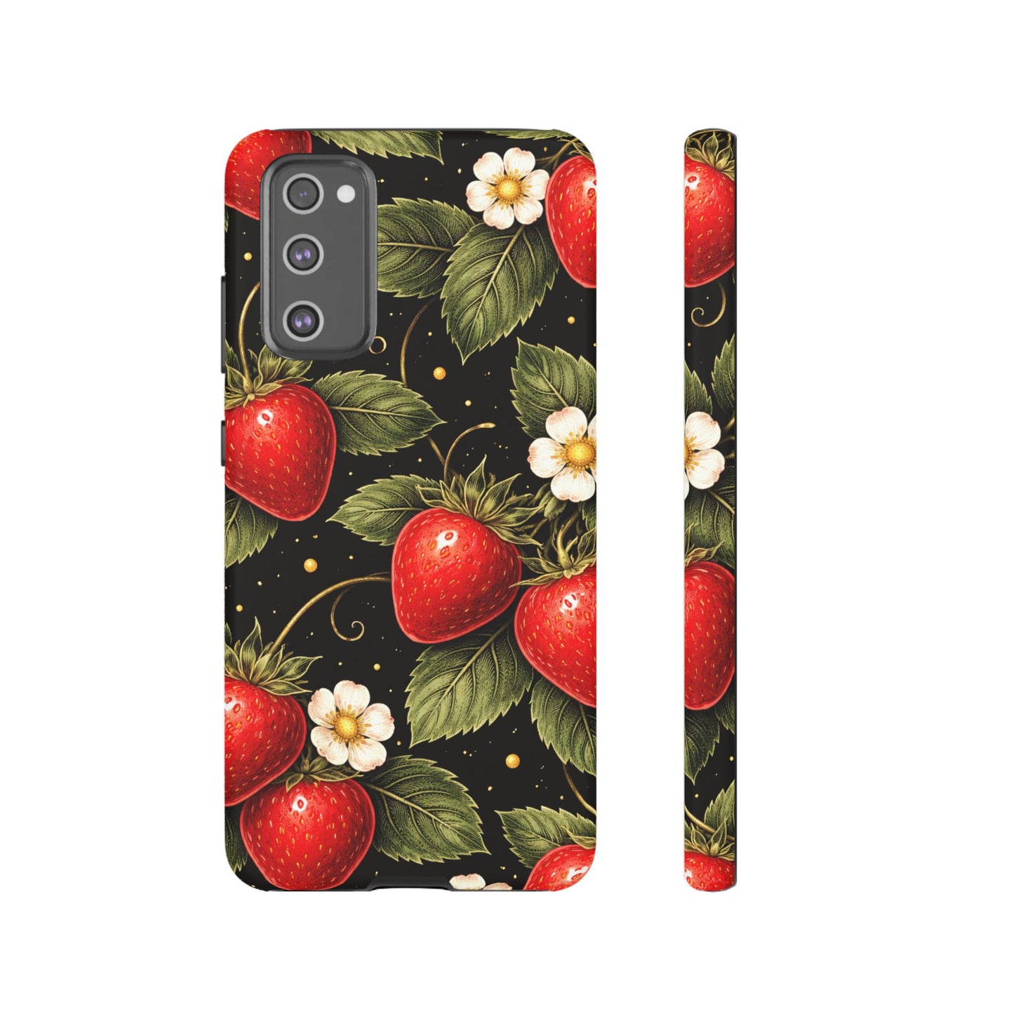 Strawberry Pattern Tough Phone Case — Vintage Red Berry Floral Protective Cover