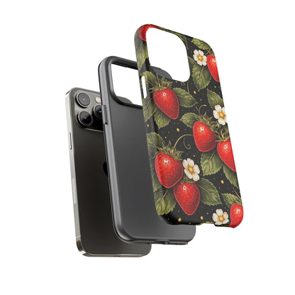 Vintage Strawberry Pattern Tough Iphone Pro Max Case phone case | Black Floral Retro Fruit iPhone 12 13 14 15 16 17 Pro Max Tough Case