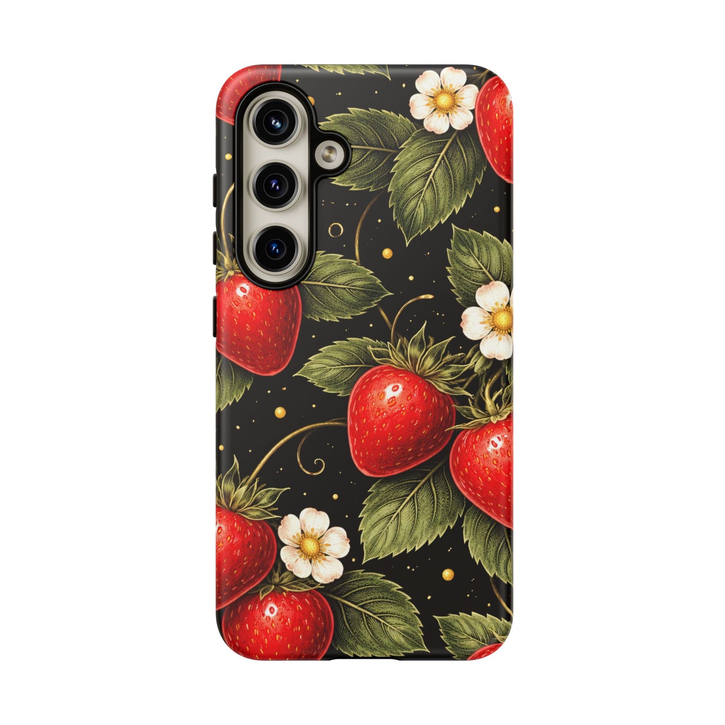 Strawberry Pattern Tough Phone Case — Vintage Red Berry Floral Protective Cover