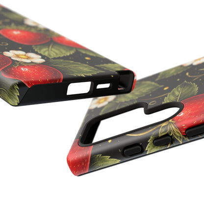 Strawberry Pattern Tough Phone Case — Vintage Red Berry Floral Protective Cover